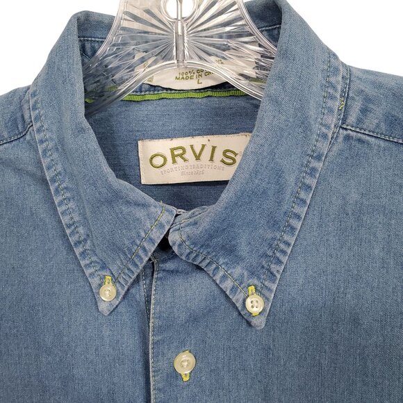 Orvis Mens L Shirt Denim Button Up Lightweight Work Barn Chore Shacket Outdoors - Picture 6 of 10
